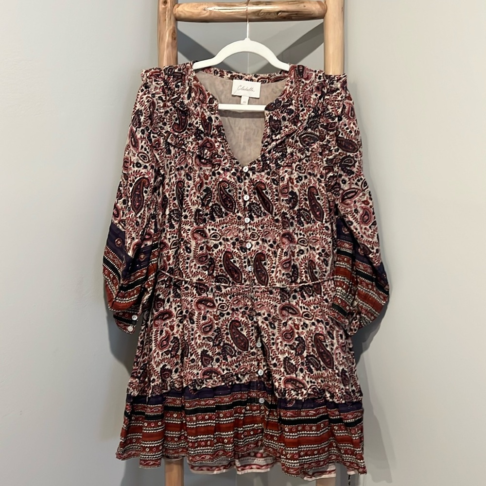 Cleobella Reign Mini Dress V Neck Button Front Paisley Floral Women's XS